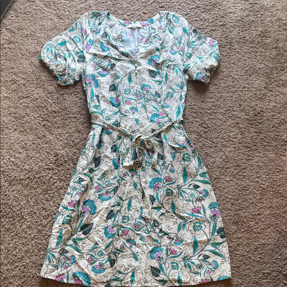 Loft Floral Tie-Waist Linen Blend Midi Dress - Cream with Teal & Pink